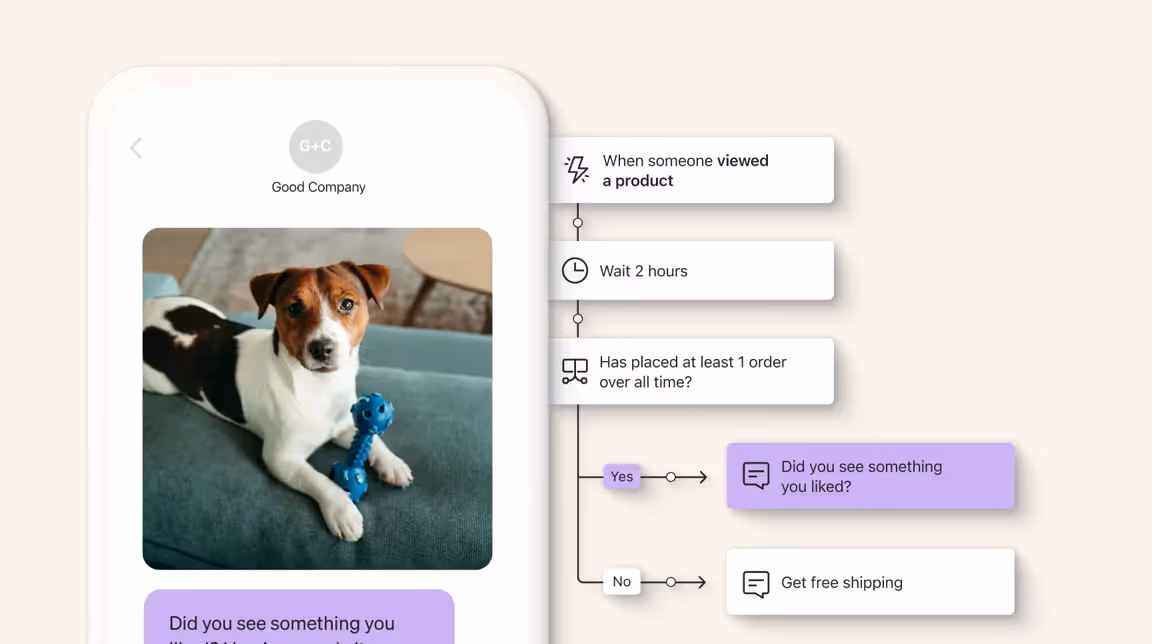 A cute dog with a toy as an image on a mobile phone, showing an example of a Klaviyo flow.