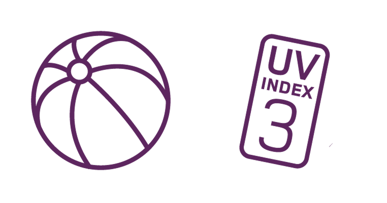 Illustration av en badboll bredvid en lutande skylt med en texten UV index och siffran 3.