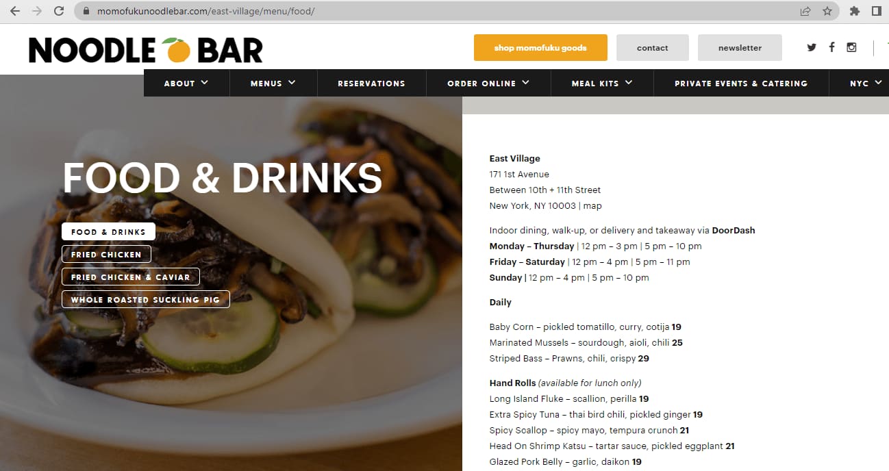 noodle bar food menu