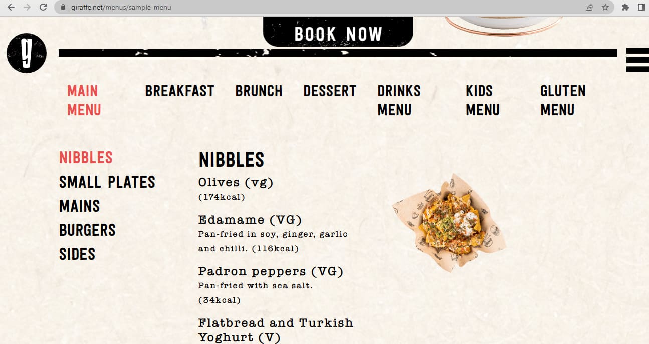 giraffe sample menu