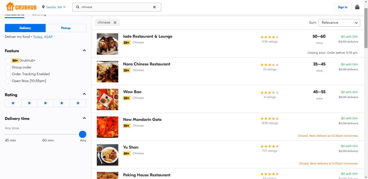 grubhub web menu