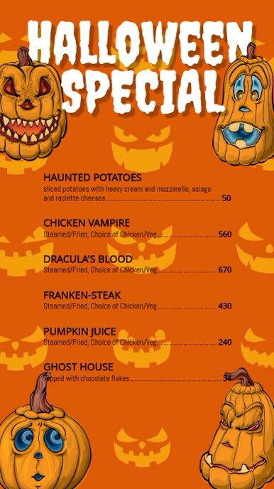halloween special menu cardboard