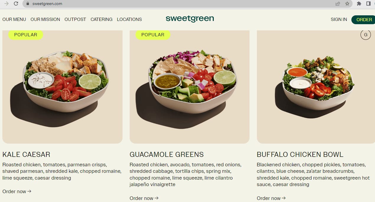 sweetgreen popular menu
