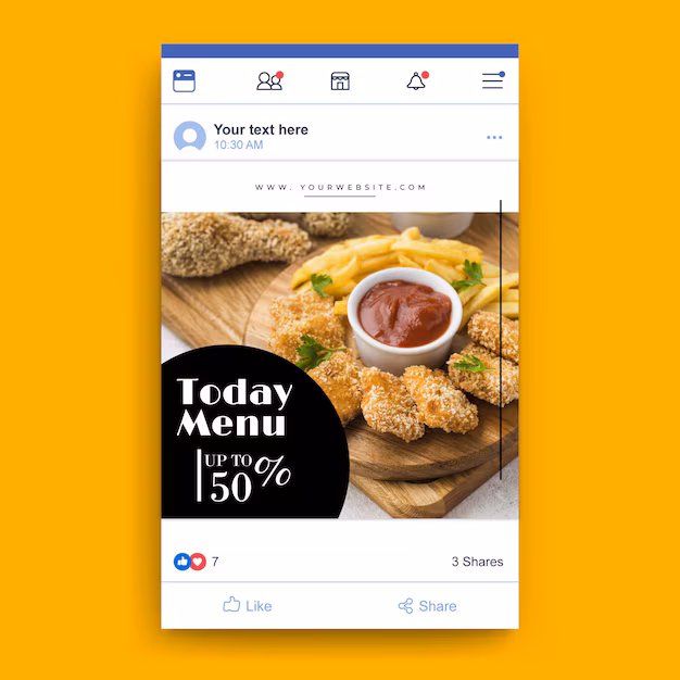  A restaurant-themed digital interface representing local engagement, customer connections, and event sharing on Facebook.