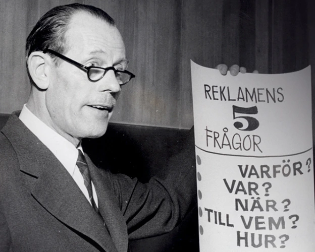 En svartvit bild på Sven o Blomquist, hållandes i ett papper där det står "reklamens fem frågor, varför? var? när? till vem? hur?".