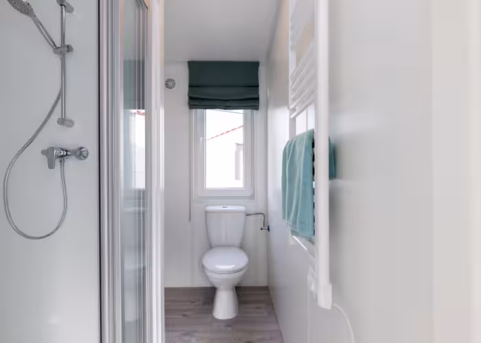 Ballum Terras – Kleine badkamer met douche, toilet en een raam met een donkergroene jaloezie.
