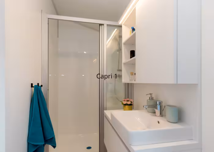Capri – Kleine badkamer met doucheruimte, moderne wastafel, witte kast en blauwe handdoeken.