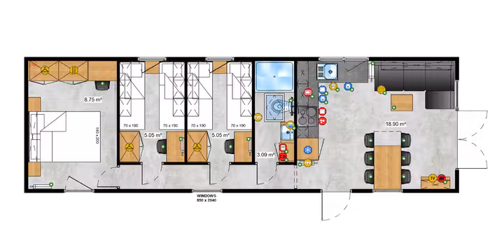 Voorbeeld van een ingerichte plattegrond van een Eluna woonunit