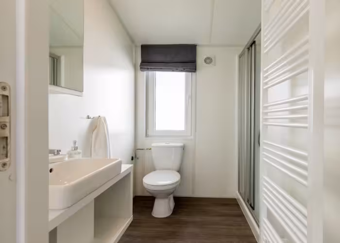 Texel – Moderne badkamer met witte wastafel, toilet, douche en houten vloer.