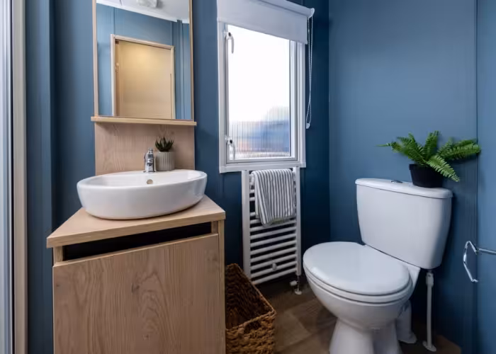 Arlington – Kleine badkamer met blauw geschilderde muren, wastafel met houten kast, toilet en een raam met handdoekradiator.