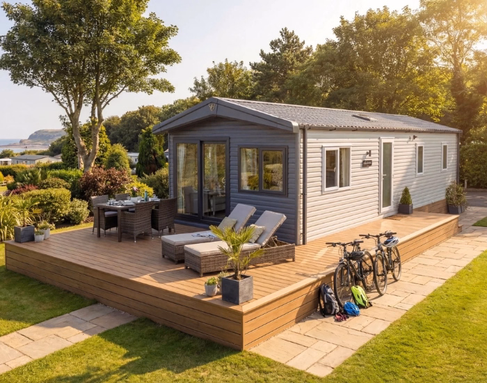 Victory Ashberry met houten terras en fietsen naast de woning