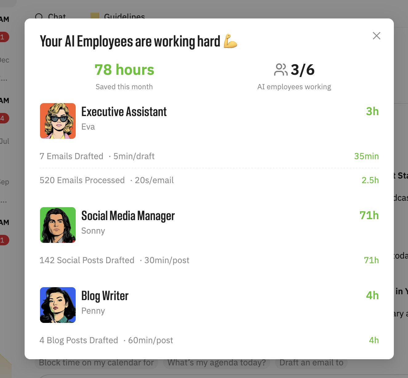 Marblism Dashboard showing hours saved per AI employee