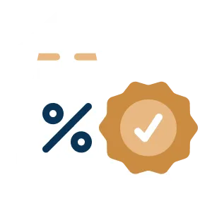 White upward arrow with a navy blue percentage symbol and a gold badge with a white checkmark, symbolizing approved interest or rate increase.