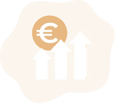 Three ascending white arrows with a euro currency symbol above them on a tan irregular shape background, symbolizing euro growth.