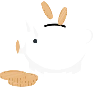 White piggy bank with two coins inserted and a stack of coins beside it.