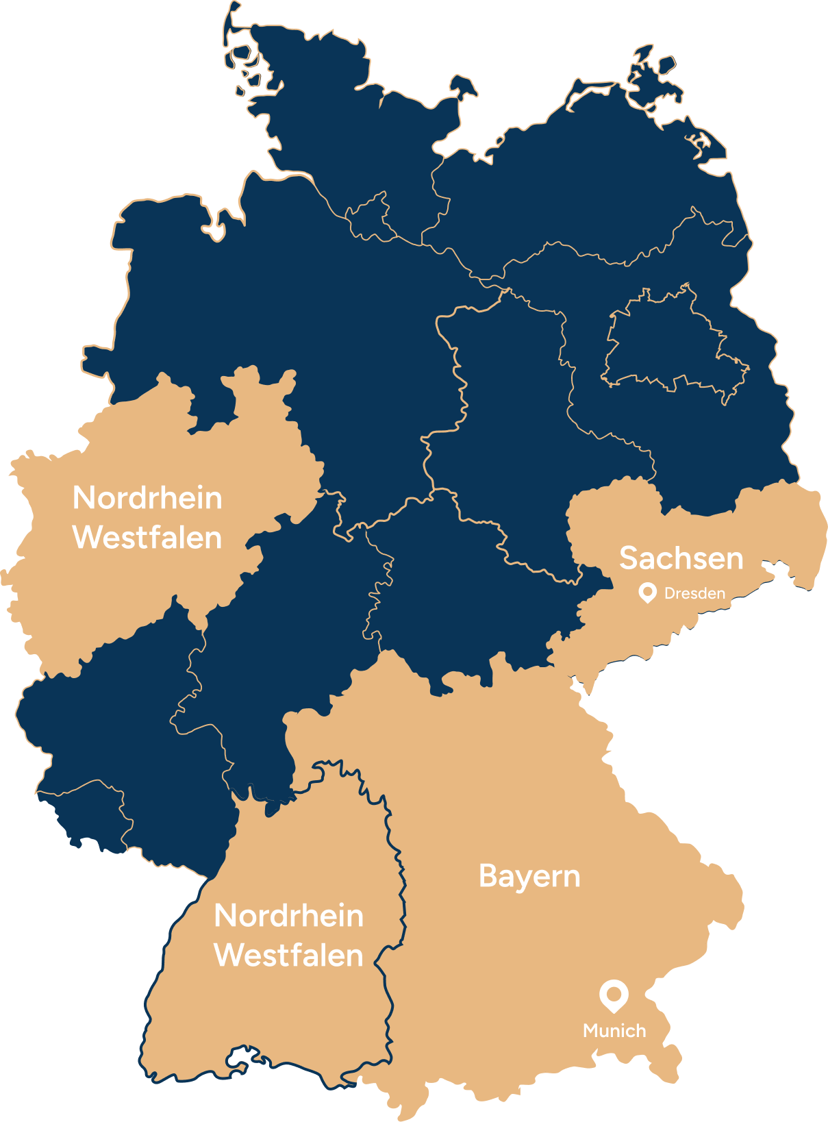 Map of Germany highlighting the states Nordrhein Westfalen, Sachsen with Dresden marked, and Bayern with Munich marked.