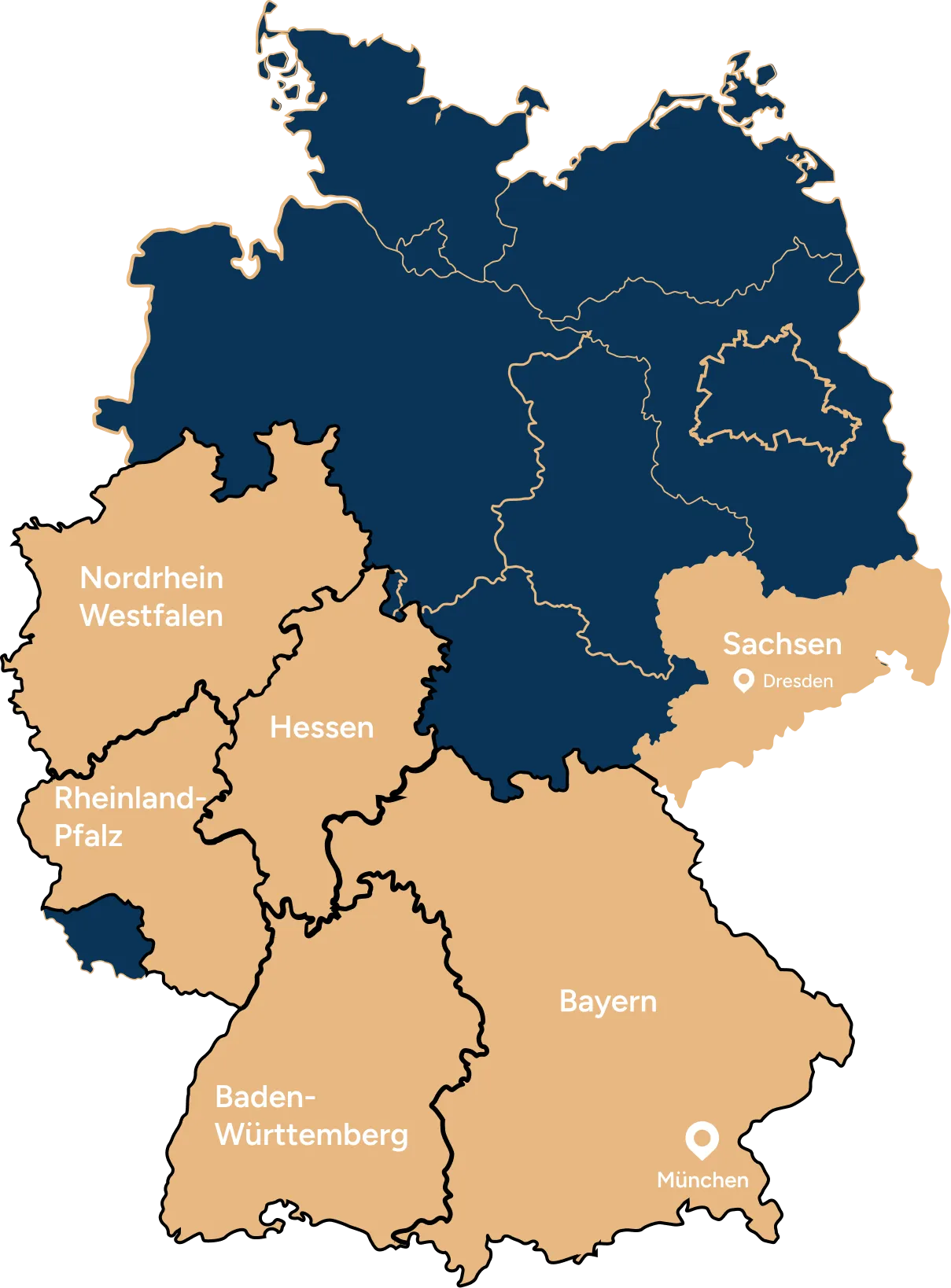 Map of Germany highlighting the states Nordrhein Westfalen, Sachsen with Dresden marked, and Bayern with Munich marked.