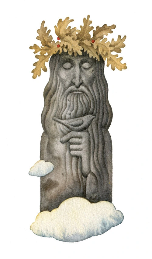 Illustration av en trädlik staty med stängda ögon, med långt hår och skägg, en fågel på handen och en krona av ekblad med röda bär på huvudet, omgiven av moln.