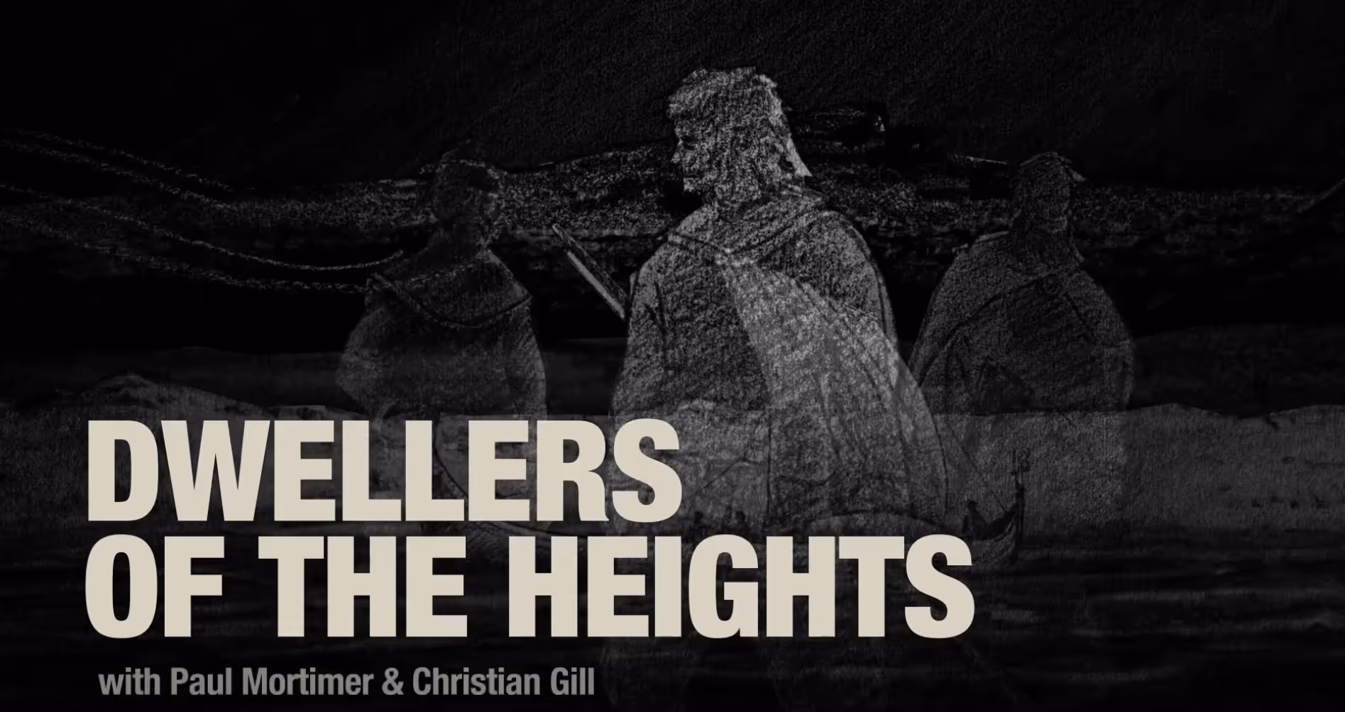 Titelbild för "Dwellers of the Heights" med silhuetter av tre historiska figurer mot svart bakgrund.