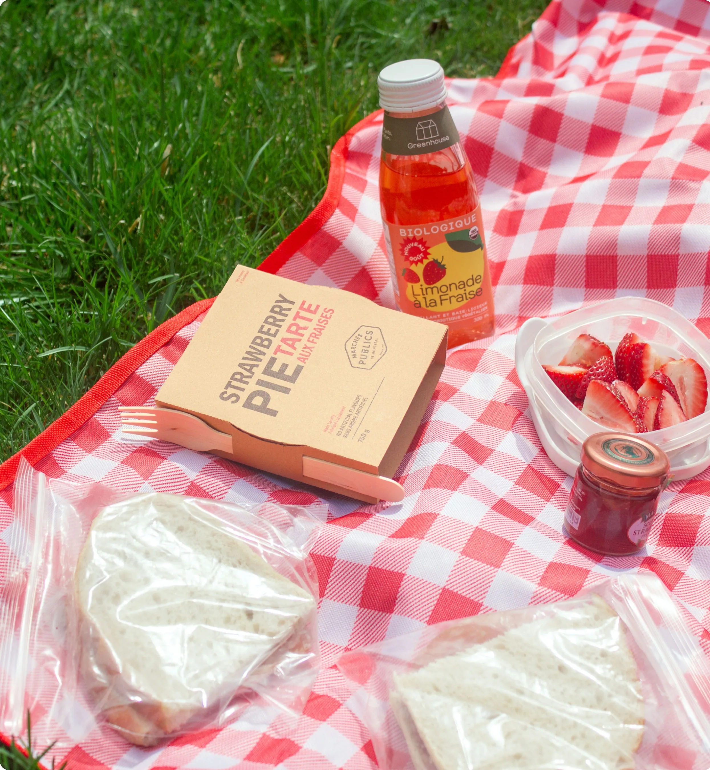 picnic green grass with a red and white checkered tablecloth, other picnic props, and one pie packaging box in situ