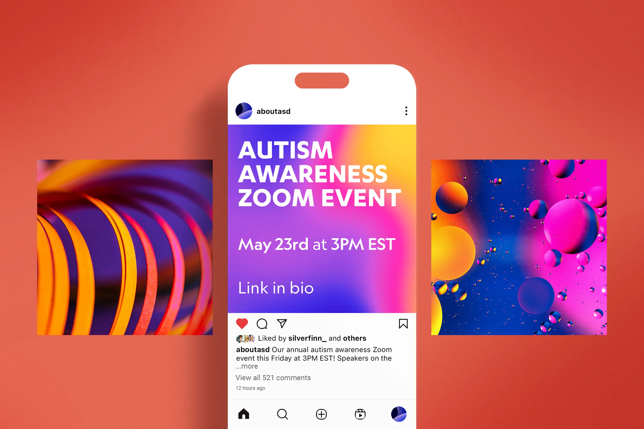 three social media cards for instagram on a red background