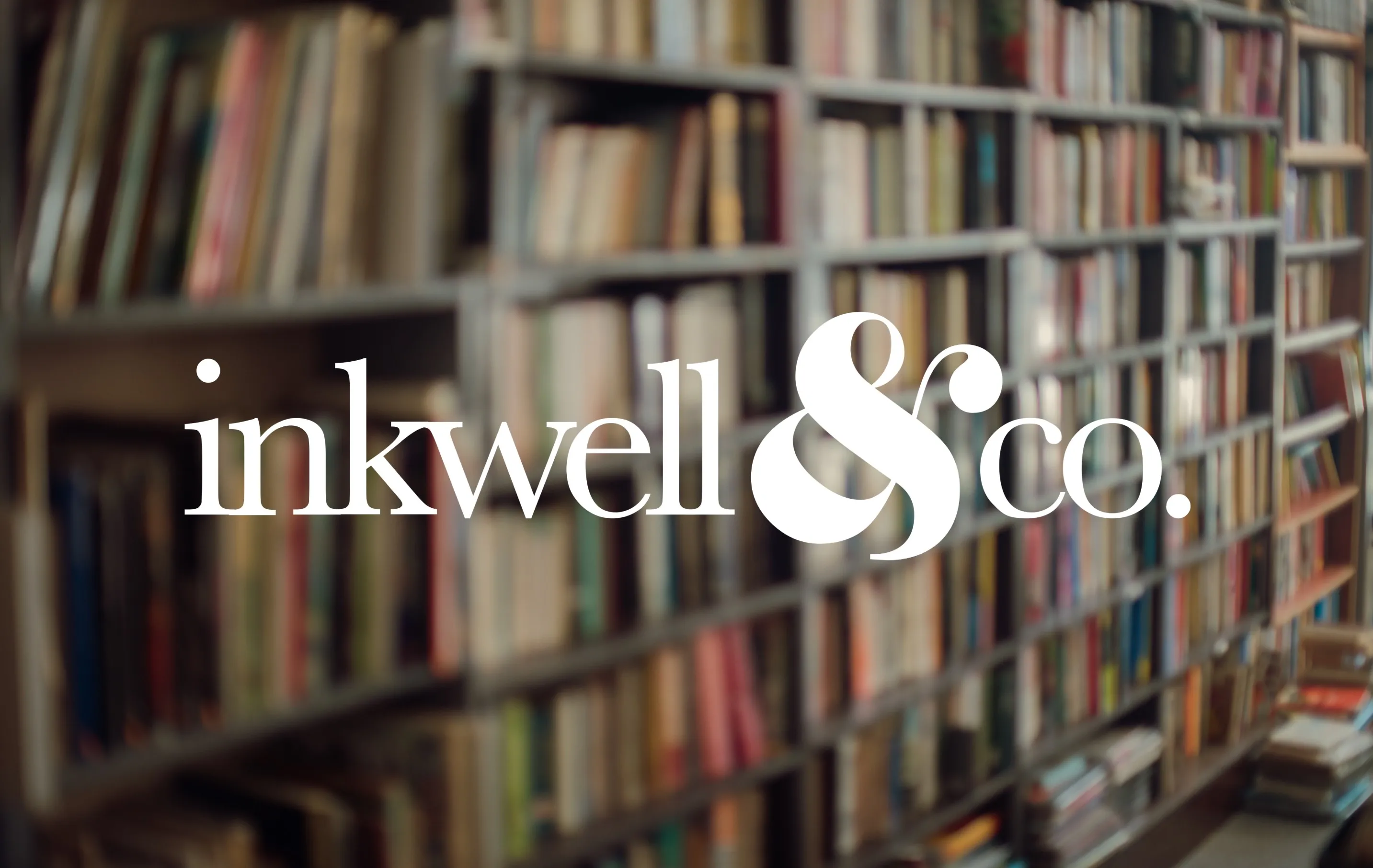 blurred bookshelf with logo on top