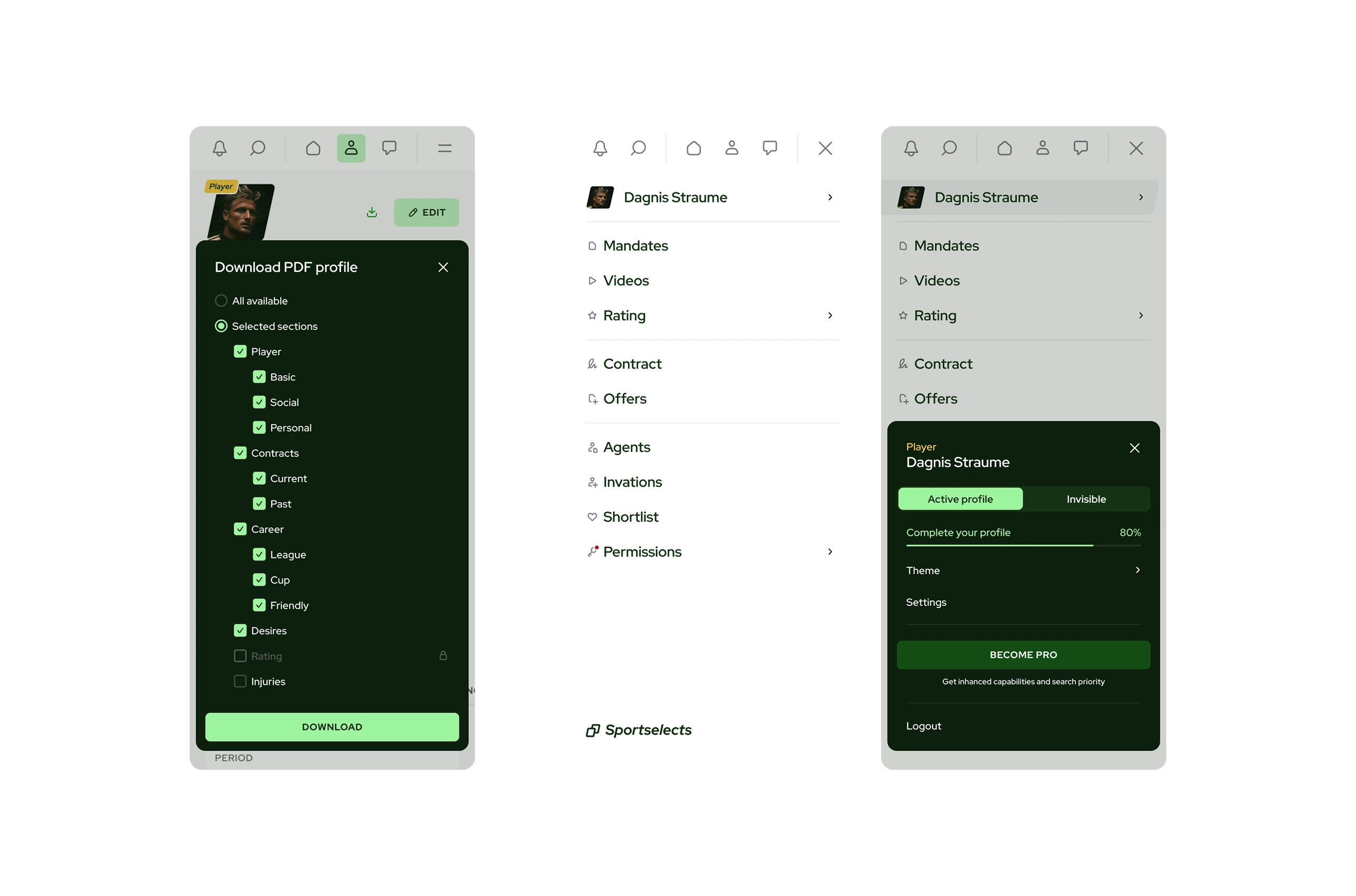 Sportselects, mobile screens