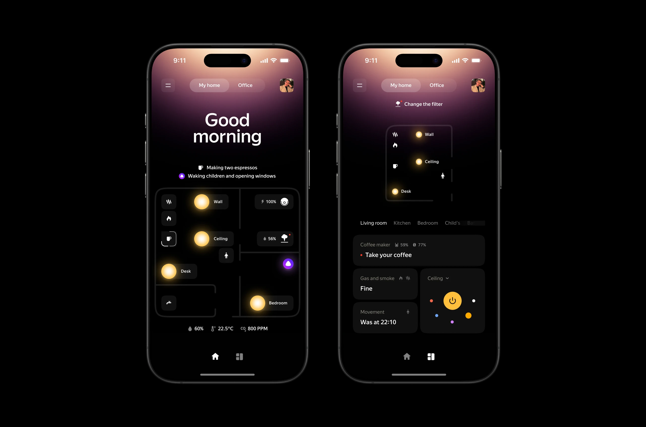 Smart home application, two main screens