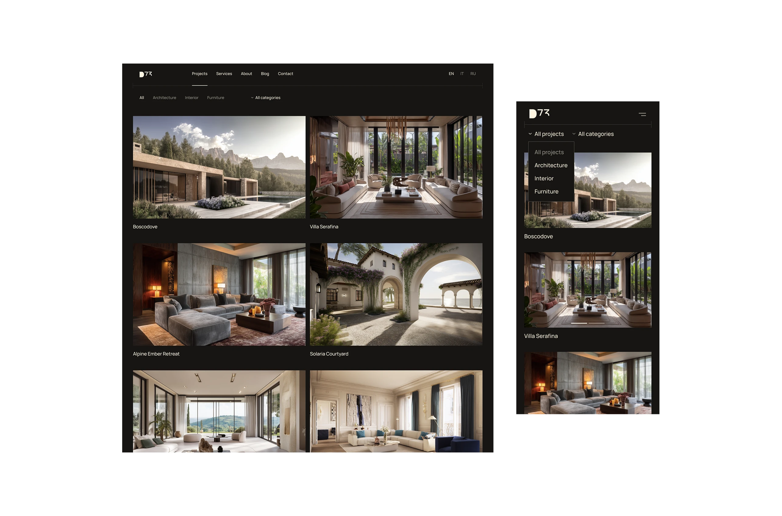 D73, projects page, desktop and mobile