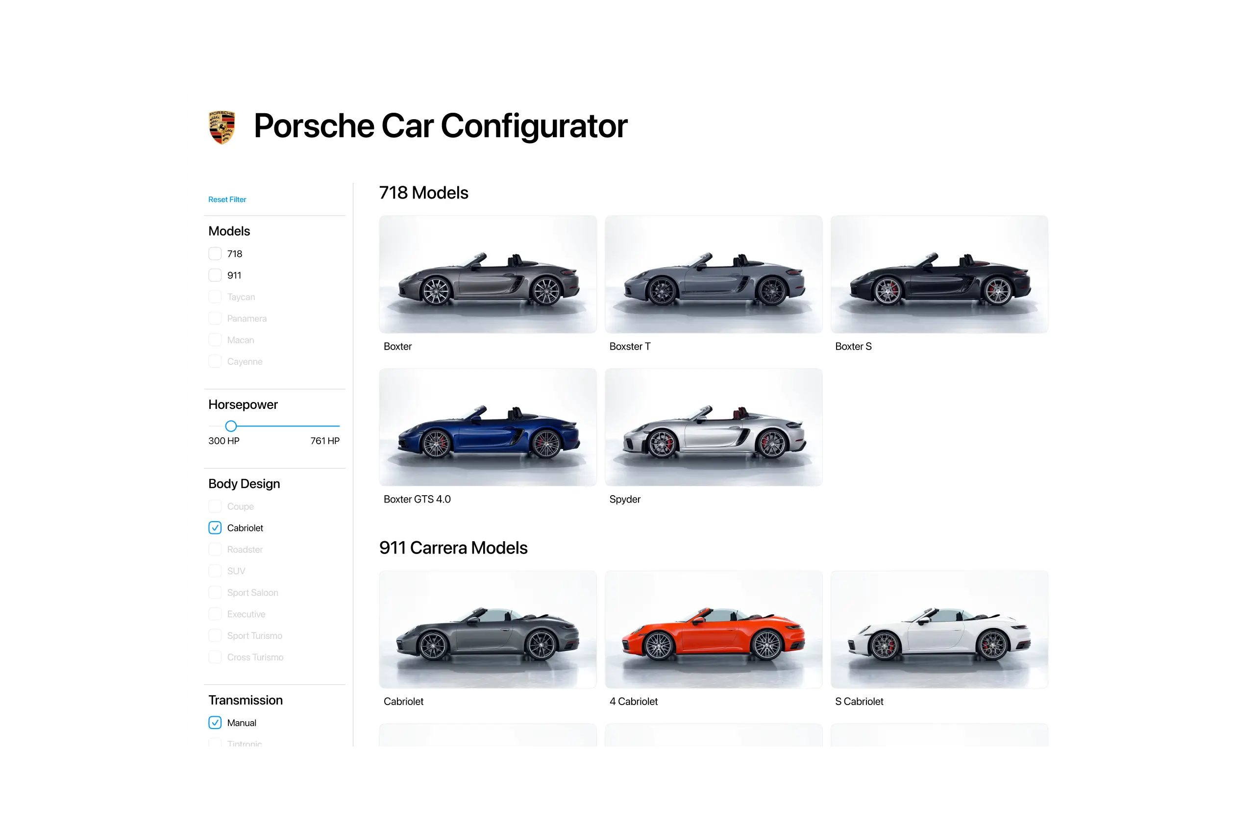 List of cars with filters