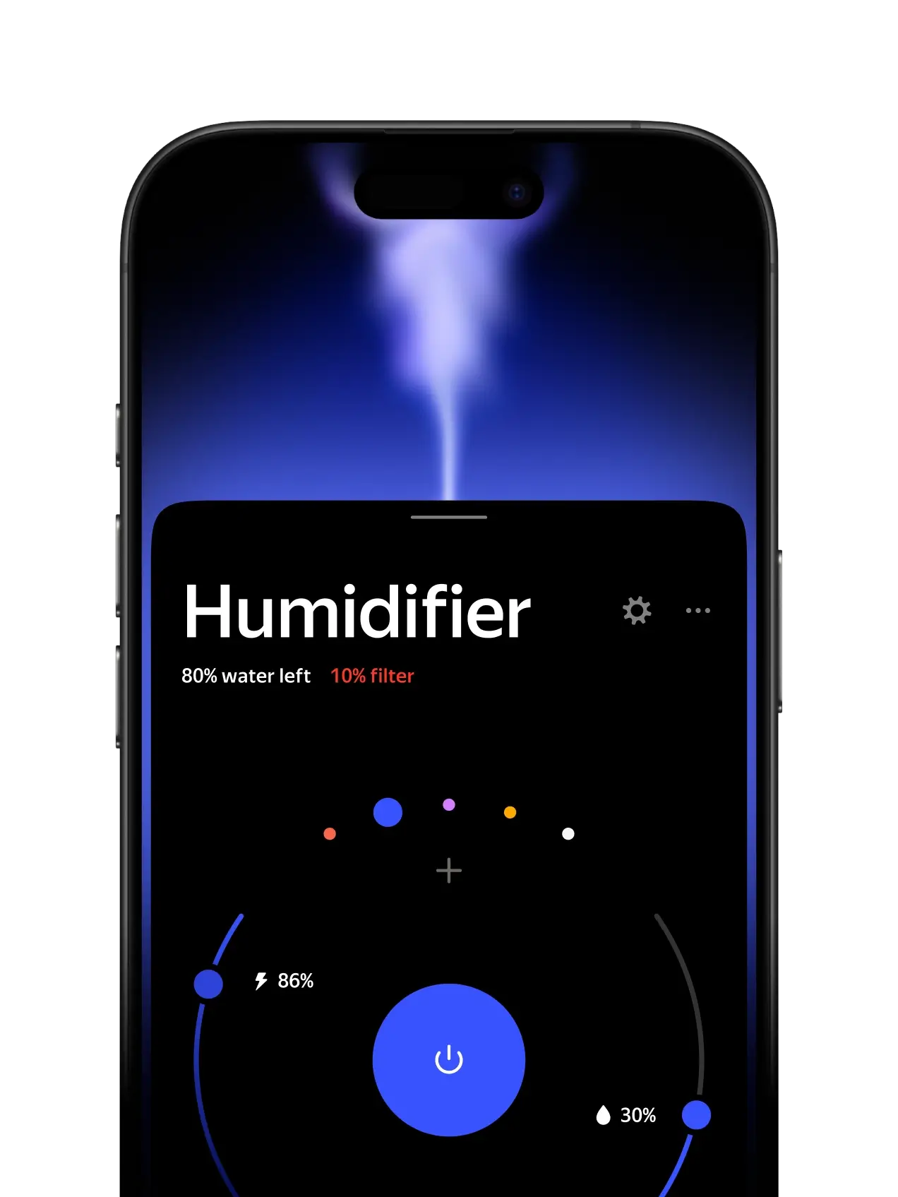 Smart home mobile app, humidifier settings, large