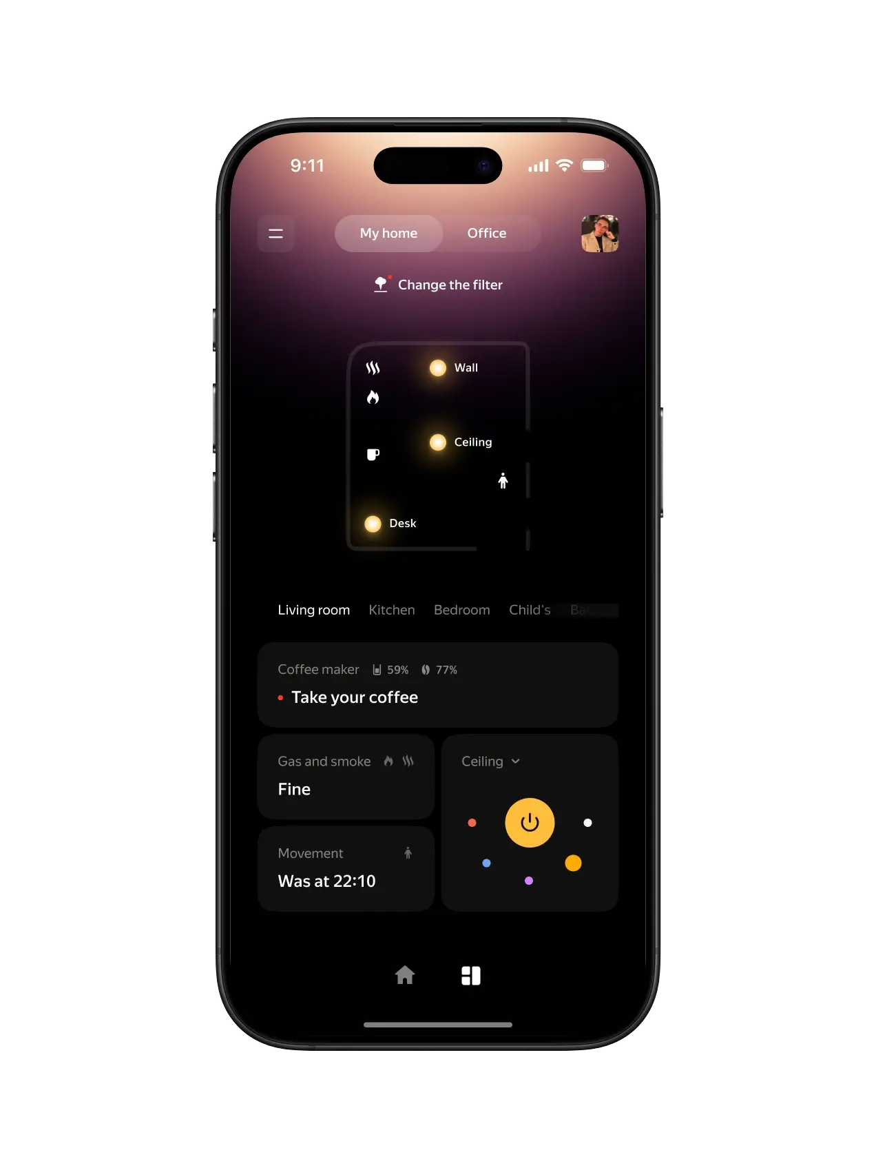 Smart home mobile app, main screen, separated rooms design