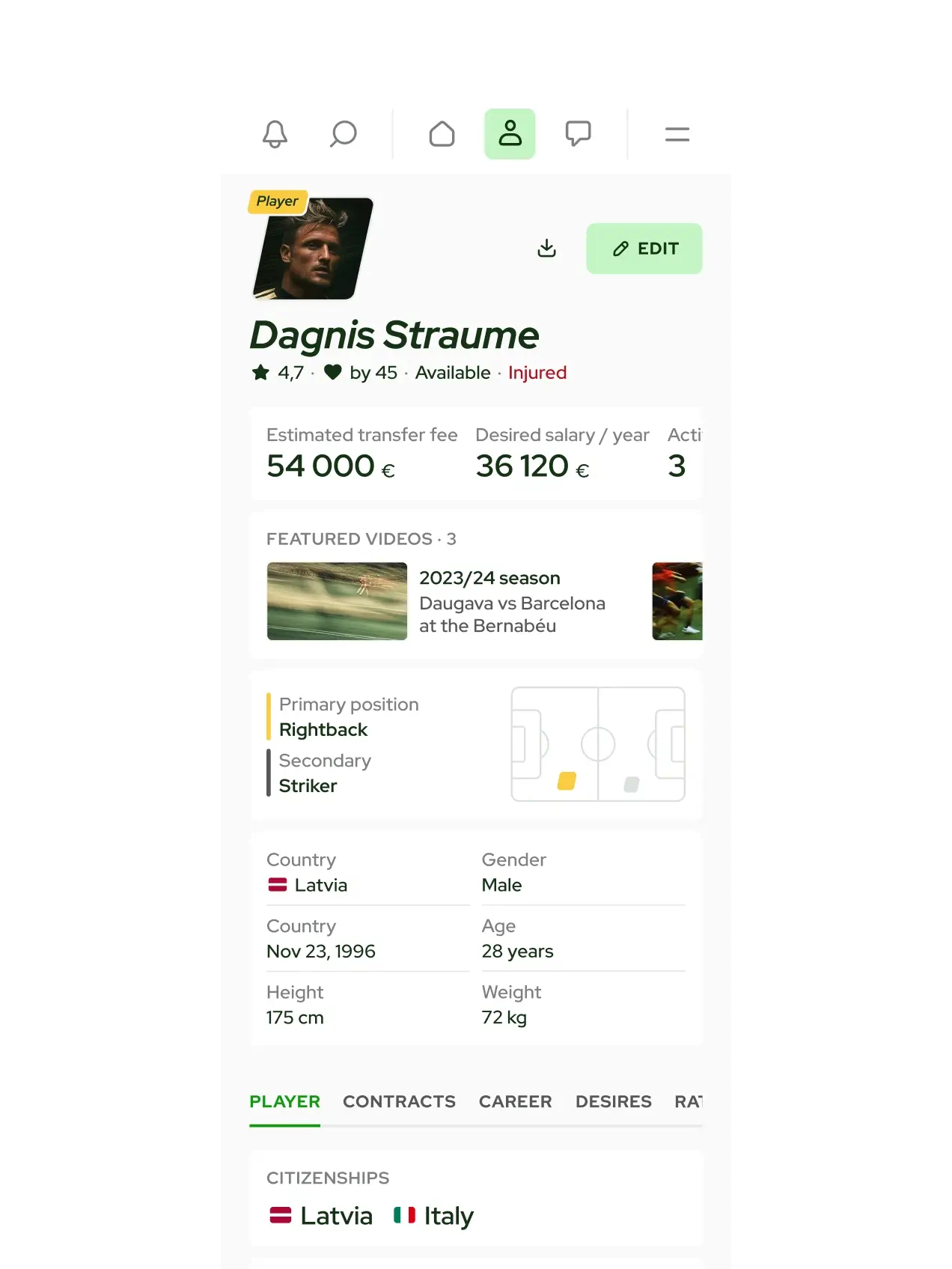 Sportselects player profile mobile page
