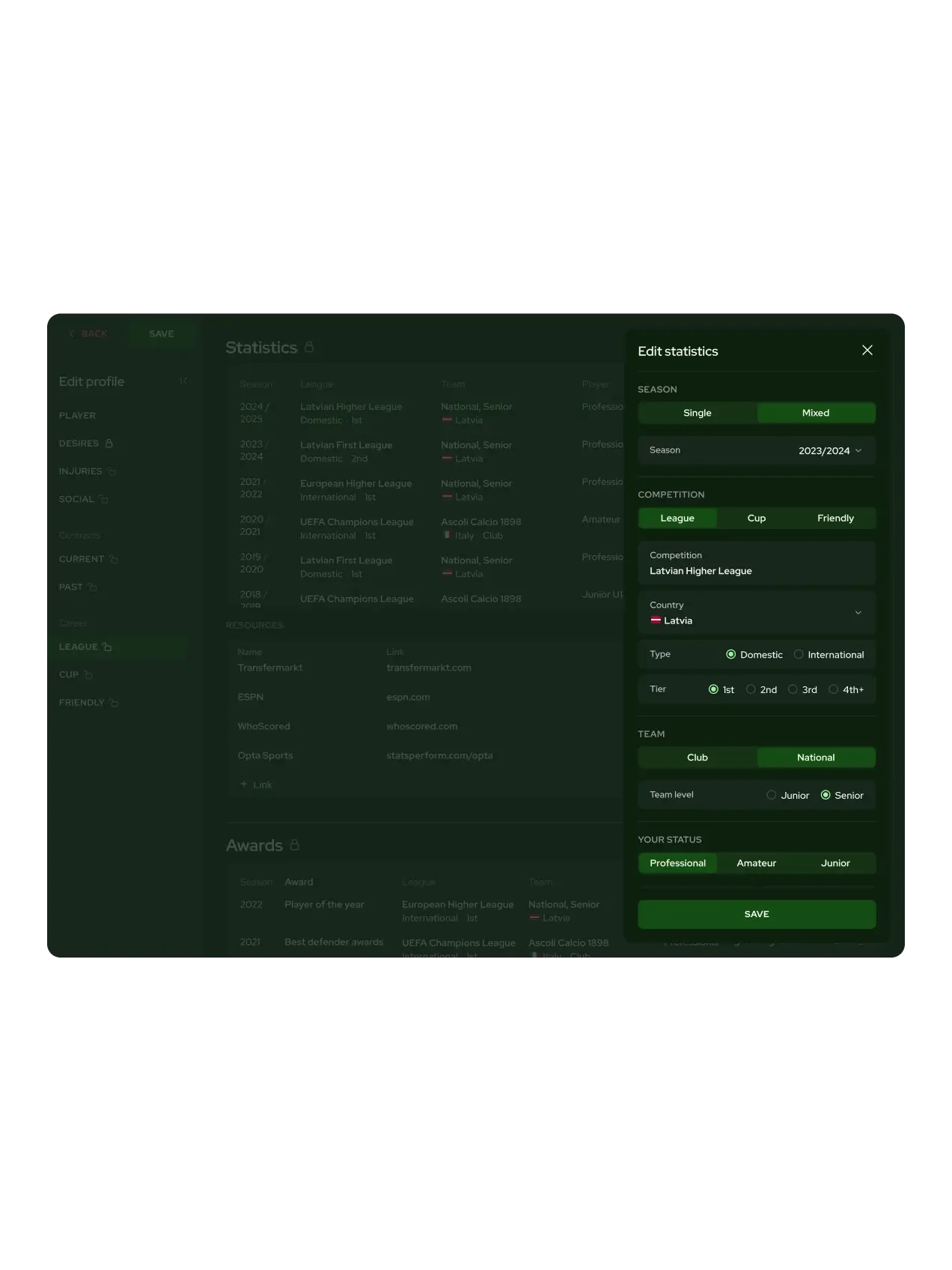 Sportselects dark theme design