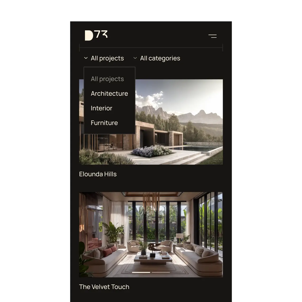 D73 projects page mobile design