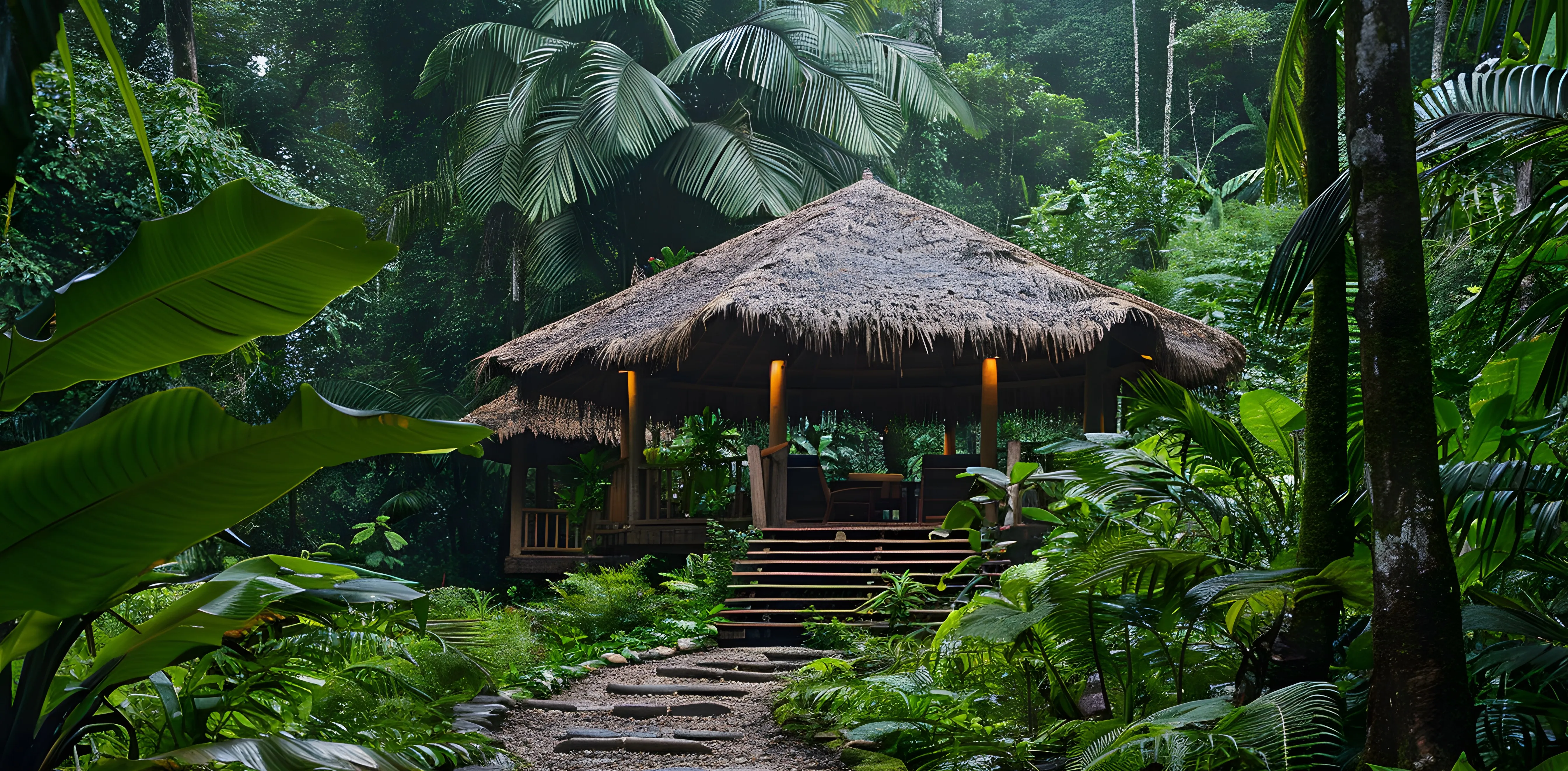 Thatched hut with wooden pillars and seating surrounded by dense tropical forest and large green leaves.