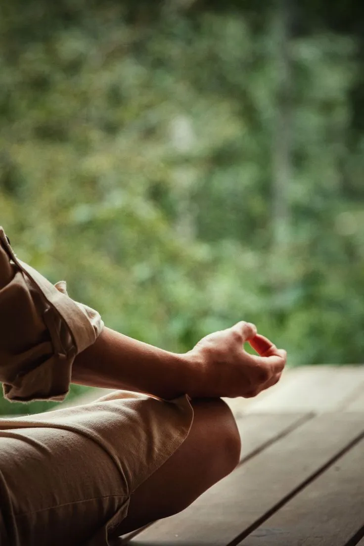 Person sitting cross-legged on a wooden floor meditating with hand resting on knee in a natural green setting.