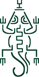 Abstract line drawing resembling an insect or alien figure with symmetrical shapes and antenna-like extensions.