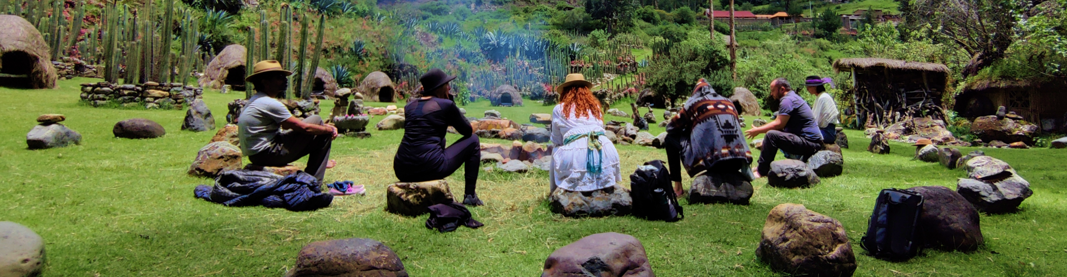 Smiling woman sitting in front of large tree roots surrounded by green foliage in a forest.