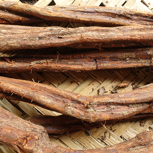 Close-up of several dried brown tree roots or sticks placed on woven bamboo mat.