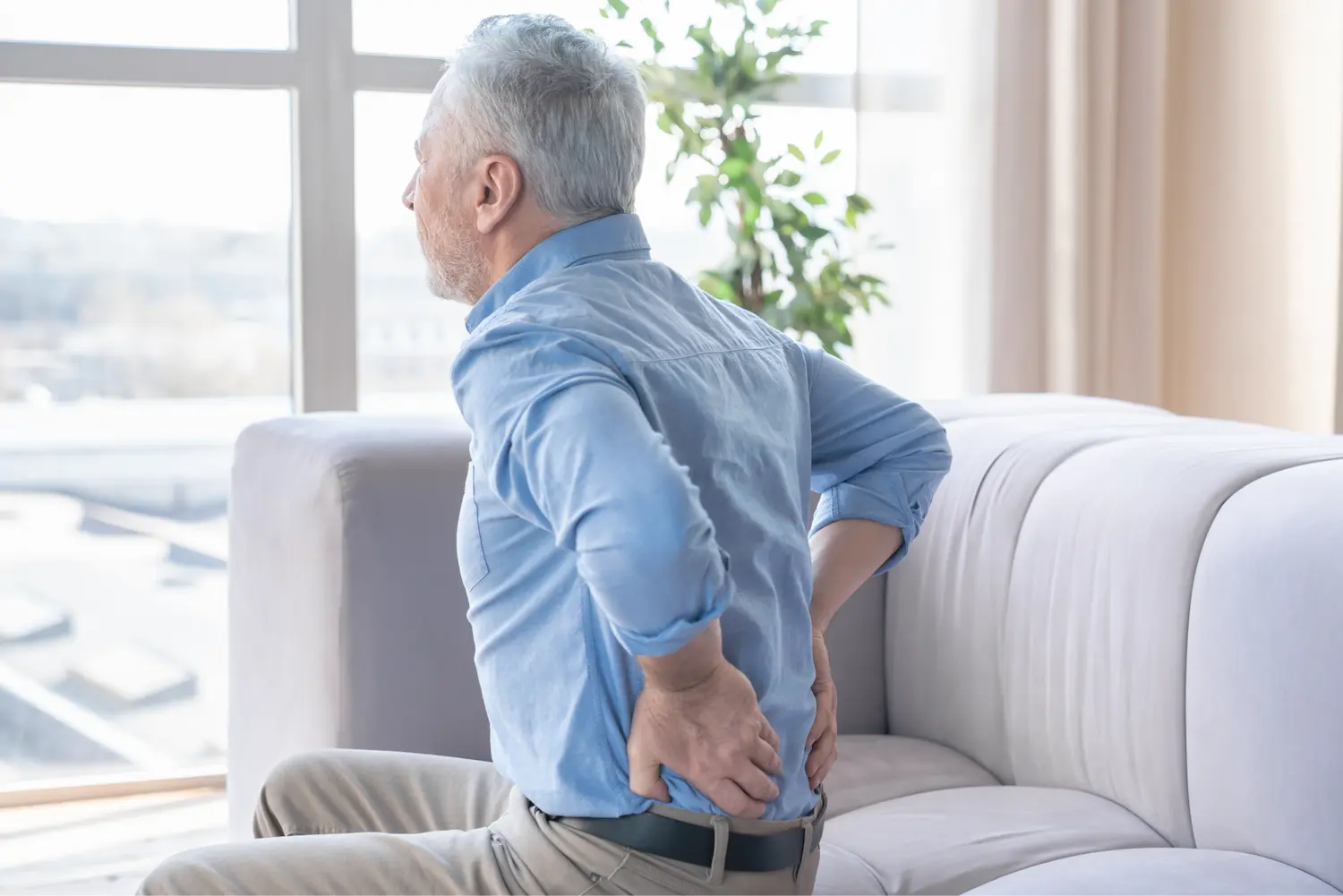 Older man with grey hair is sitting and holding his lower back in discomfort, suggesting back pain, with a couch in the foreground and a bright window with curtains in a well-lit room.