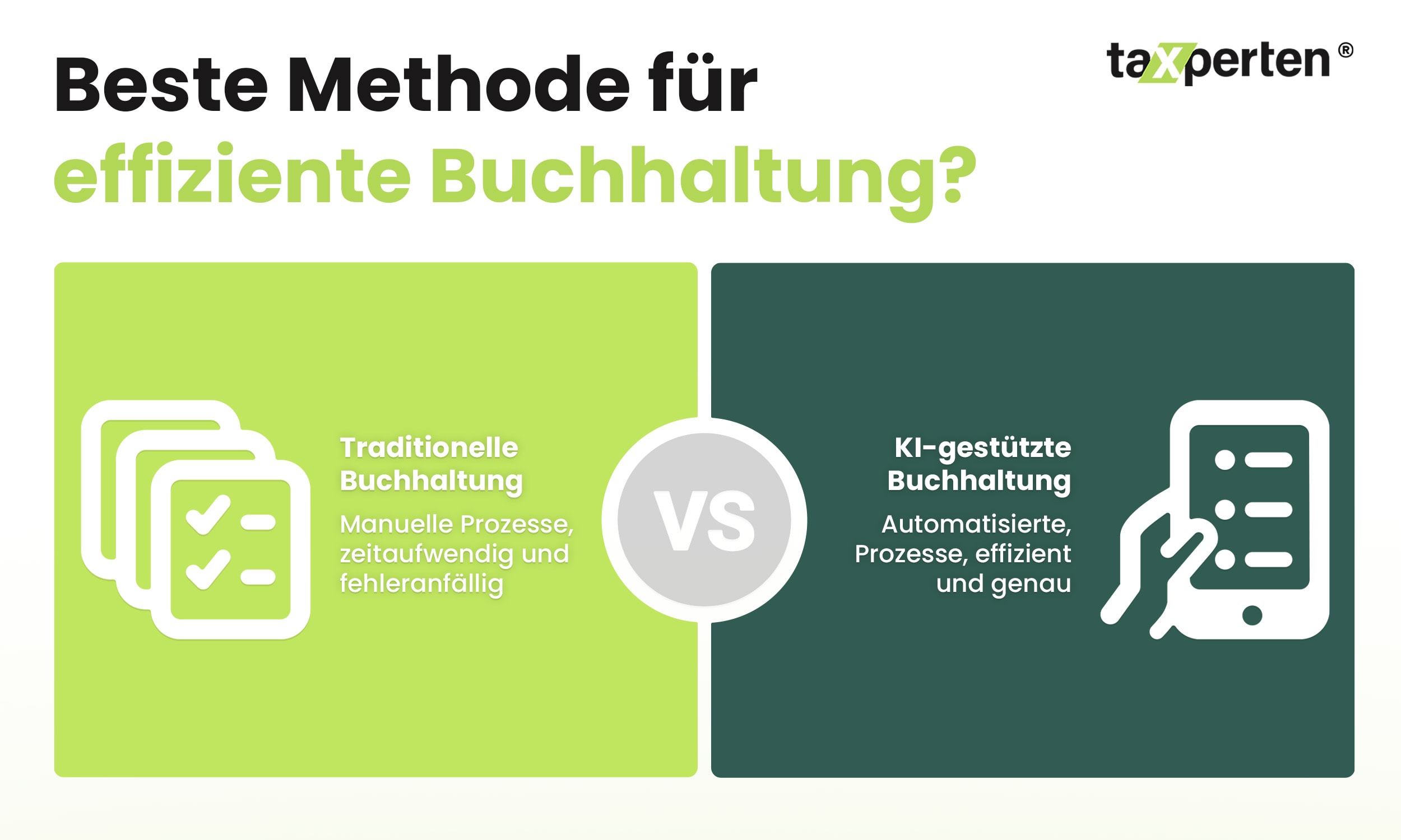 Grafische Gegenüberstellung der traditionellen Buchhaltung vs. KI-gestützte Buchhaltung. 