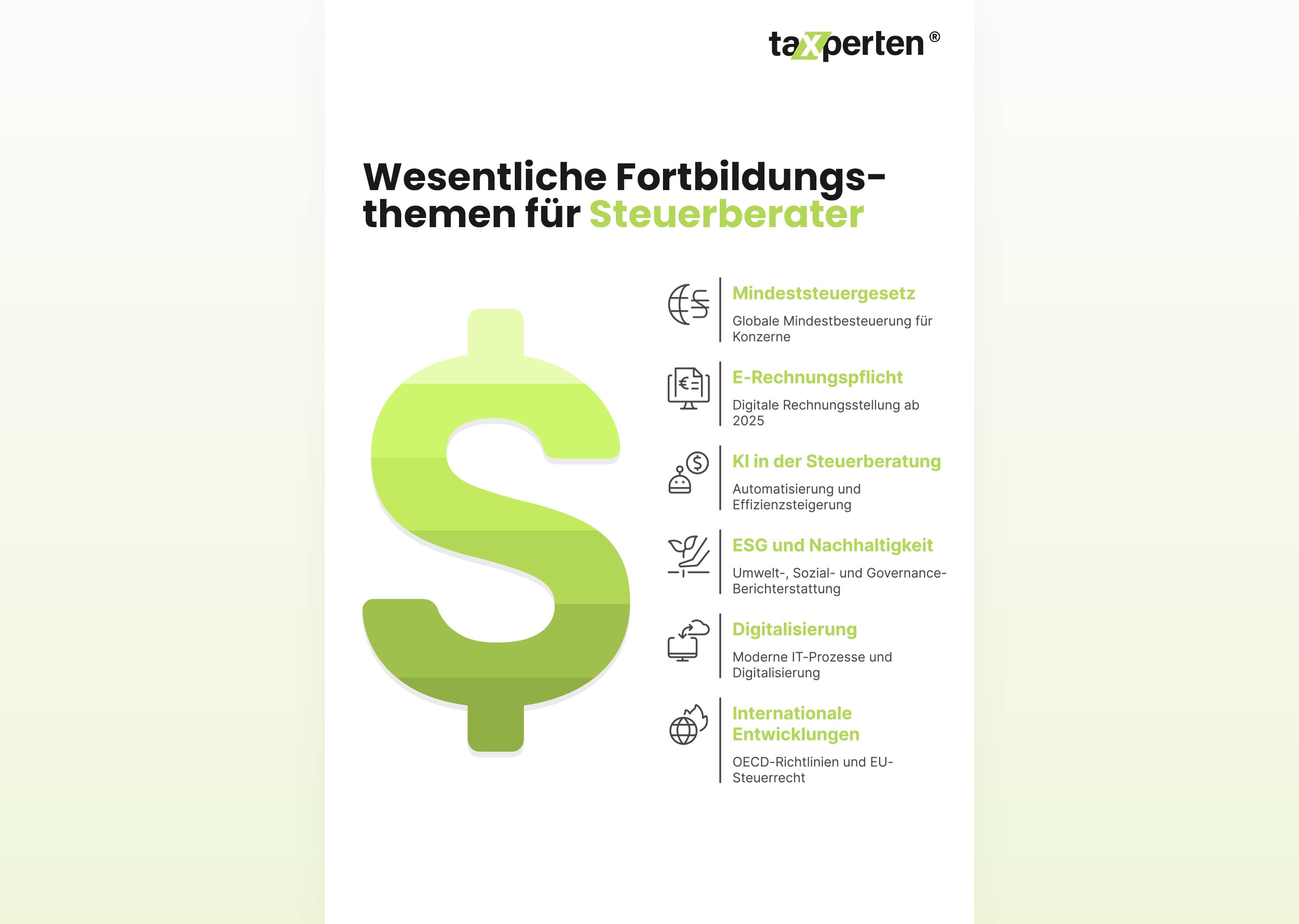 Grafische Darstellung wesentlicher Fortbildungsthemen für Steuerberater.