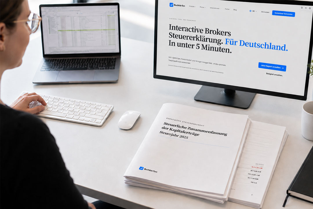 Interactive Brokers Steuererklärung 2026 mit IBKR-Steuerunterlagen am Arbeitsplatz