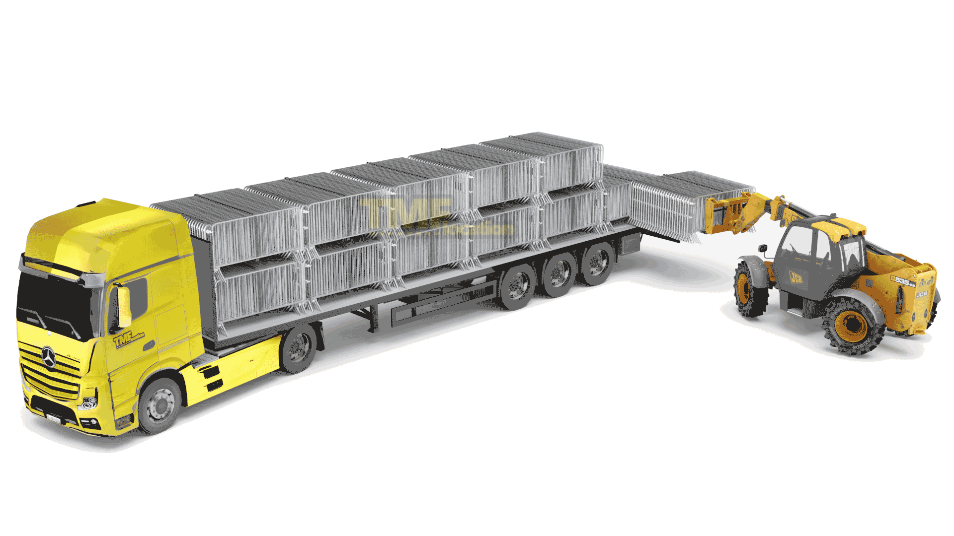 camion chargé de barrières de sécurité avec déchargement par chariot élévateur