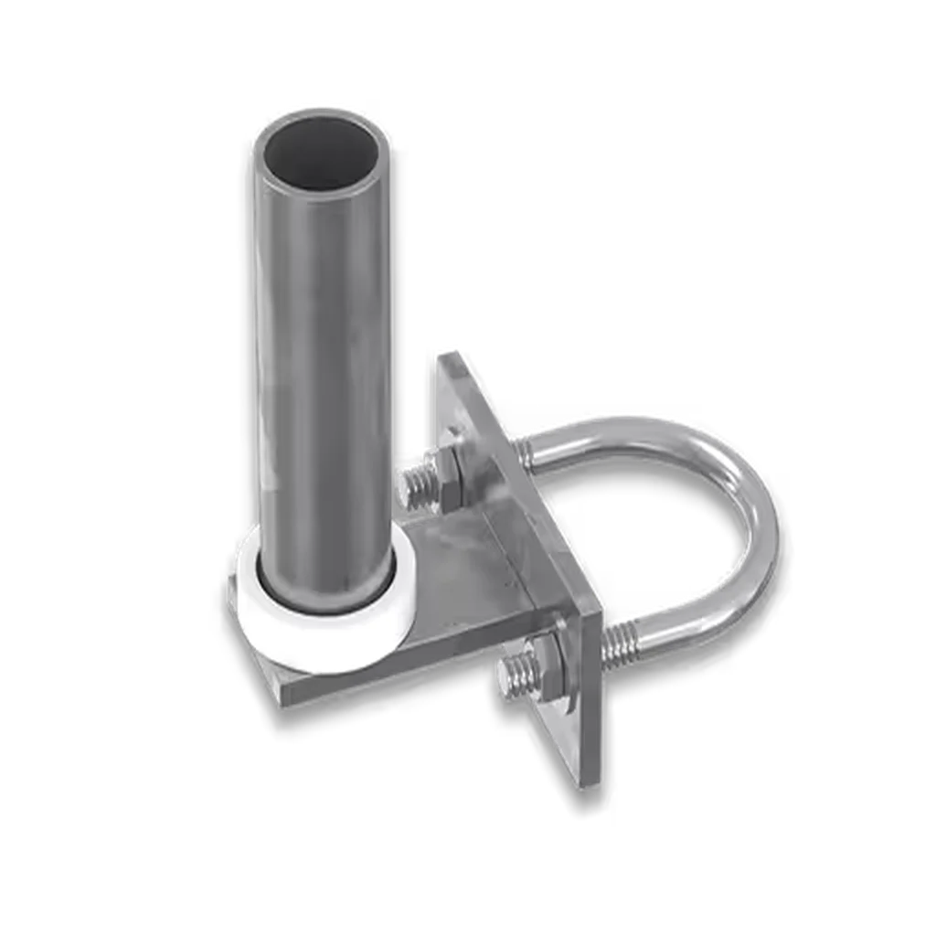 Pièce de fixation en acier galvanisé avec axe vertical et étrier en U pour montage de portail ou barrière.