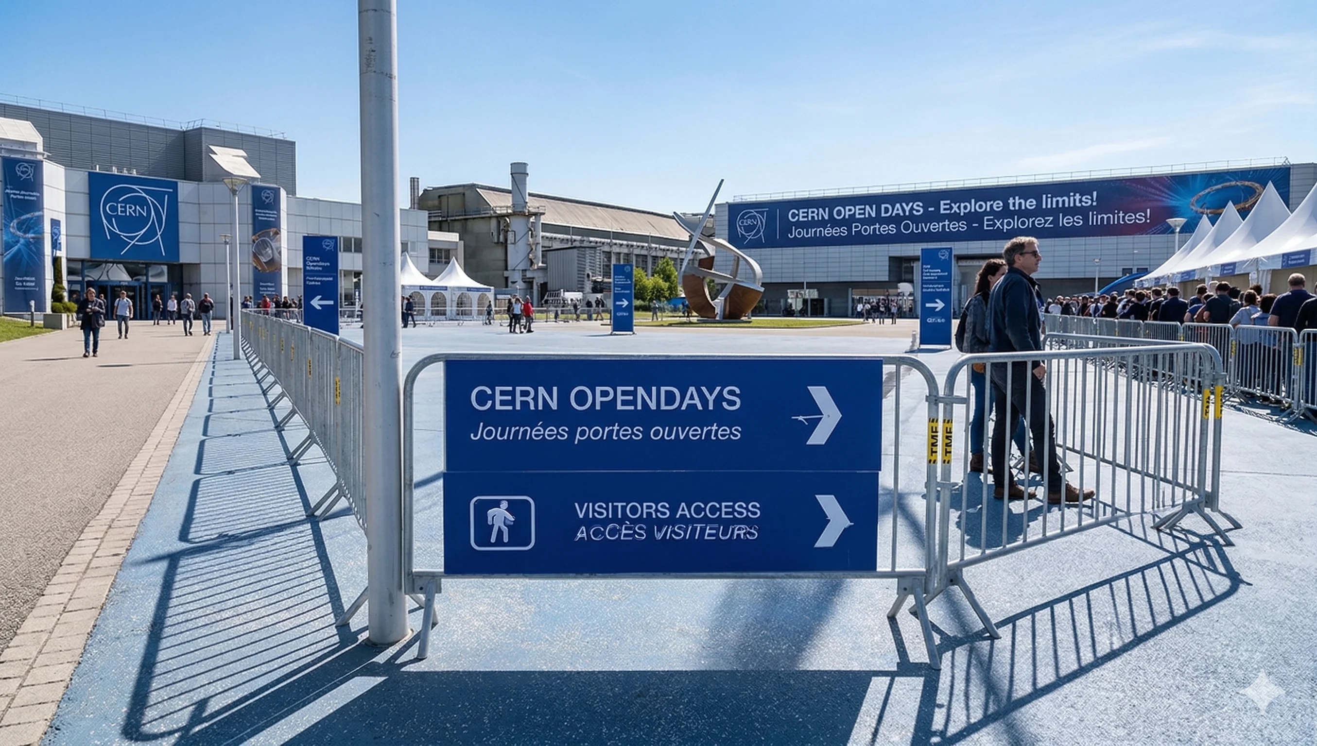 Housse de signalisation fixée sur une barrière pour informer et orienter le public.