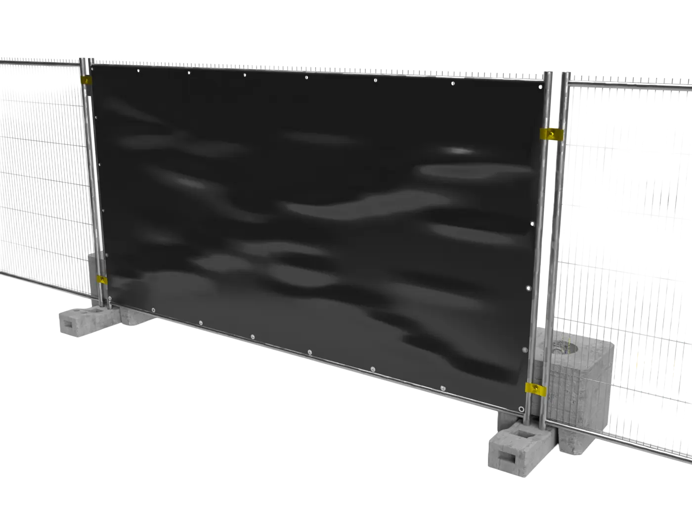 Bâche noire de protection installée sur une clôture métallique avec plots béton.