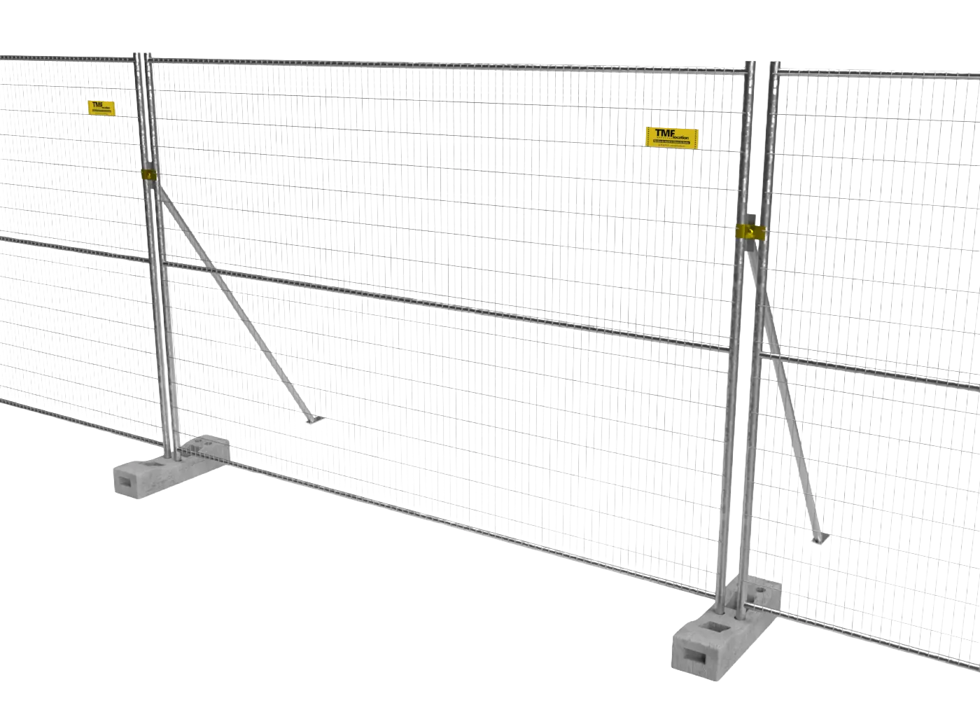 Clôture Heras haute M550 avec renforts inclinés et plots béton, utilisée pour sécuriser un périmètre sensible.