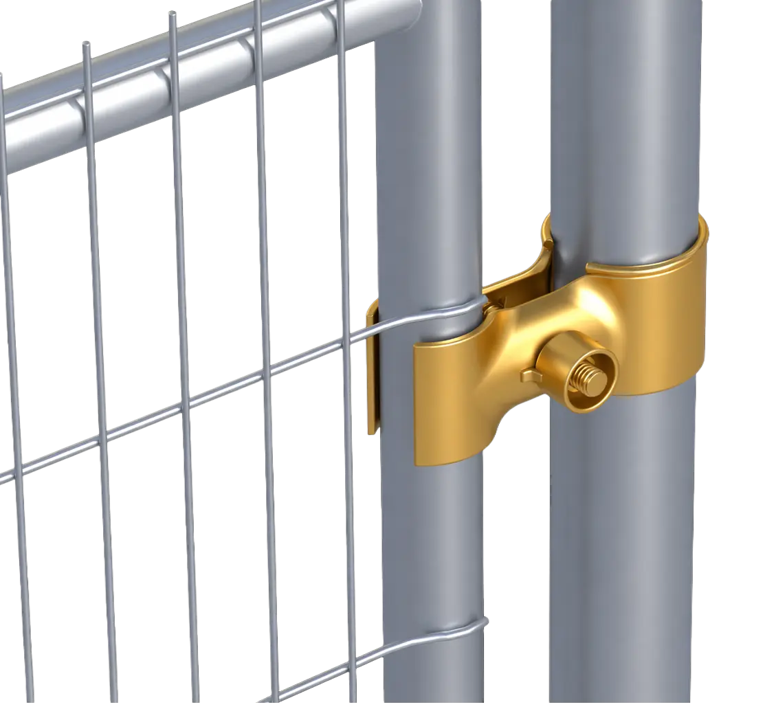 Collier charnière installé sur clôture de chantier, système de fixation pour création de portail pivotant sécurisé.
